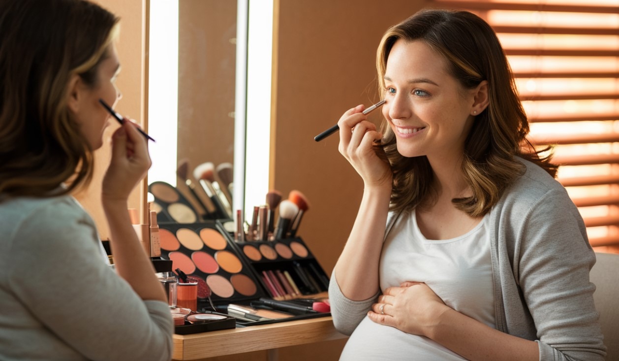 Pregnant woman applying makeup in front of a mirror, focusing on skincare and beauty during pregnancy.