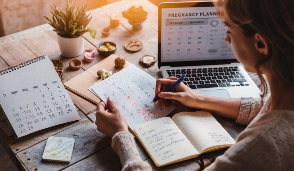 An image that portrays the concept of planning and preparation for pregnancy, such as a woman looking at a calendar, writing in a journal, or using a pregnancy planning