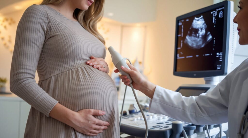 Pregnant woman receiving an ultrasound screening at Feto Maternal & GenetYX Center in Dubai.