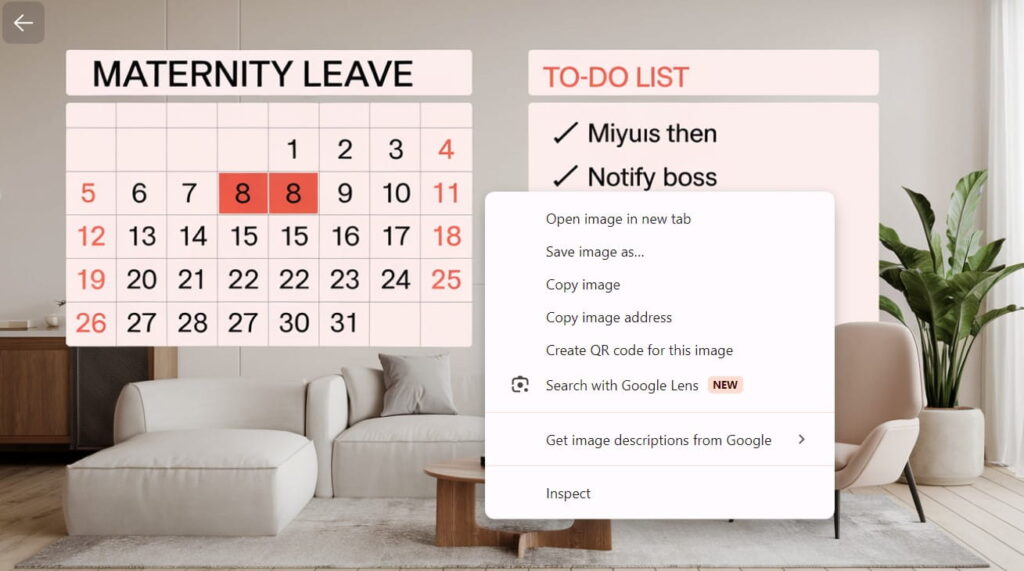 Calendar page with maternity leave dates marked and a to-do list for maternity leave planning.