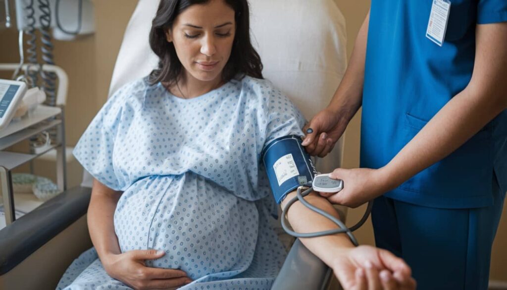 Pregnant woman having her blood pressure measured, symbolizing management of hypertension during pregnancy.