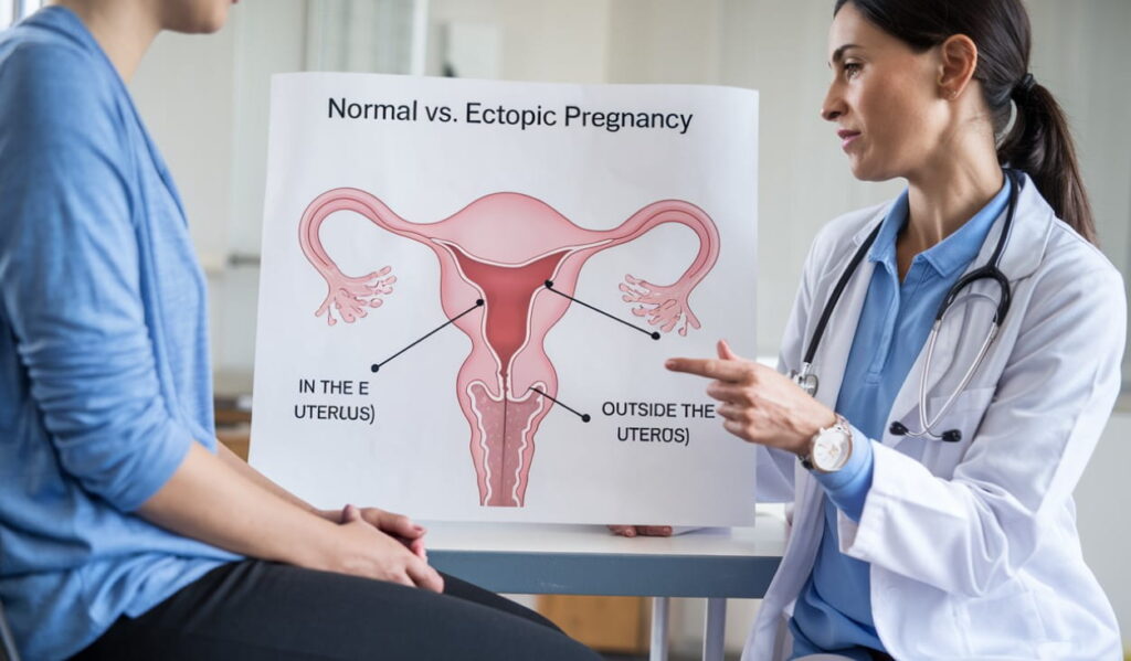 Illustration showing the difference between a normal pregnancy and an ectopic pregnancy.