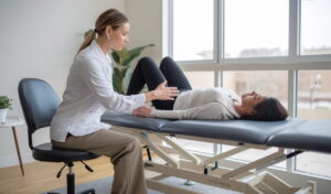 Pelvic floor therapist assisting patient with exercises in a calm, professional setting.