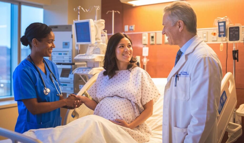 A pregnant woman in a hospital bed smiling and shaking hands with a nurse, while a doctor stands beside them in a medical setting.