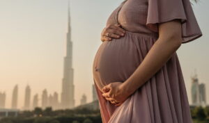 Pregnant woman holding her belly with Dubai skyline in the background.