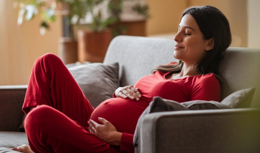 Pregnant woman relaxing at home, focusing on Pregnancy and Bladder Control.